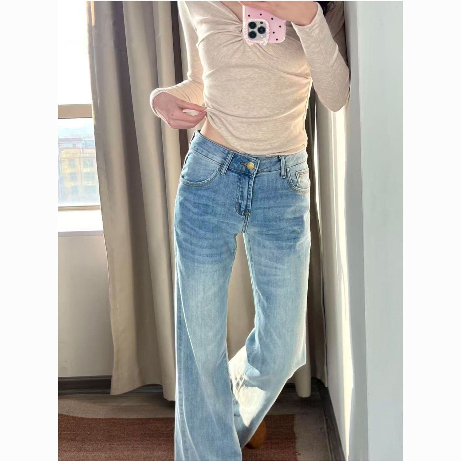 淺藍色微喇牛仔褲女2026春夏新款低腰顯瘦辣妹小個子不貼腿喇叭褲