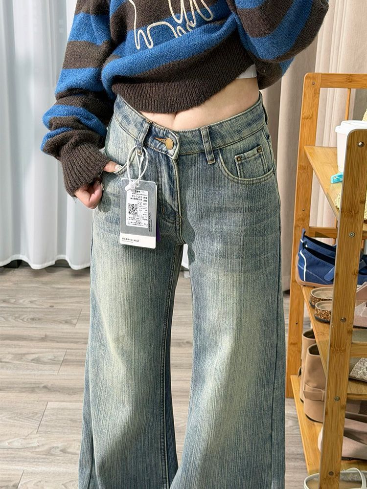 美式竹節紋藍微喇牛仔褲女2026新款春夏季水洗做舊顯瘦寬松喇叭褲