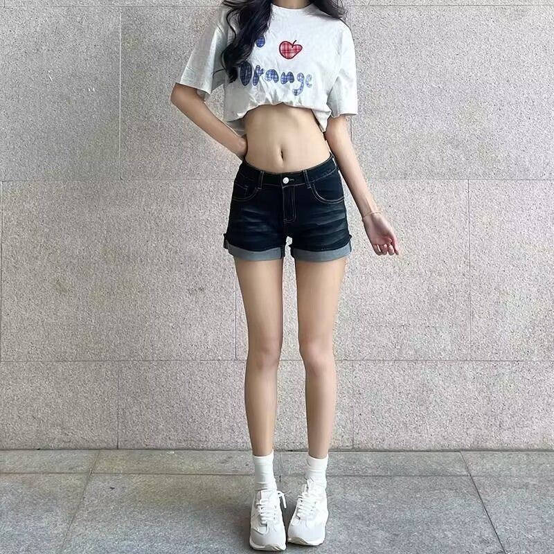 翻邊美式復古牛仔短褲2026夏季辣妹顯瘦深藍彈力百搭緊身外穿熱褲