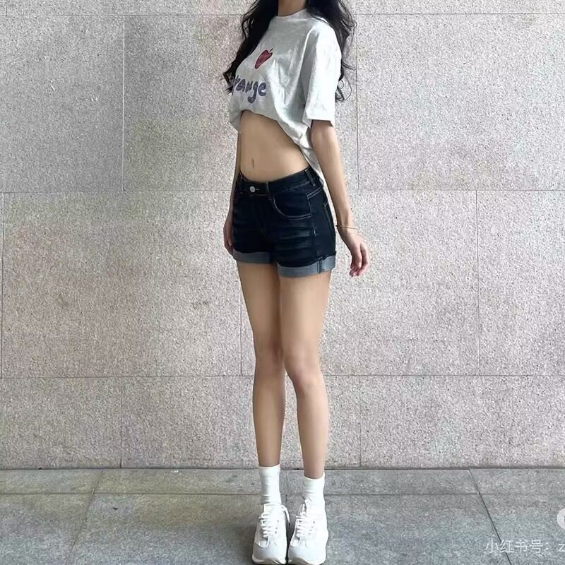 翻邊美式復古牛仔短褲2026夏季辣妹顯瘦深藍彈力百搭緊身外穿熱褲