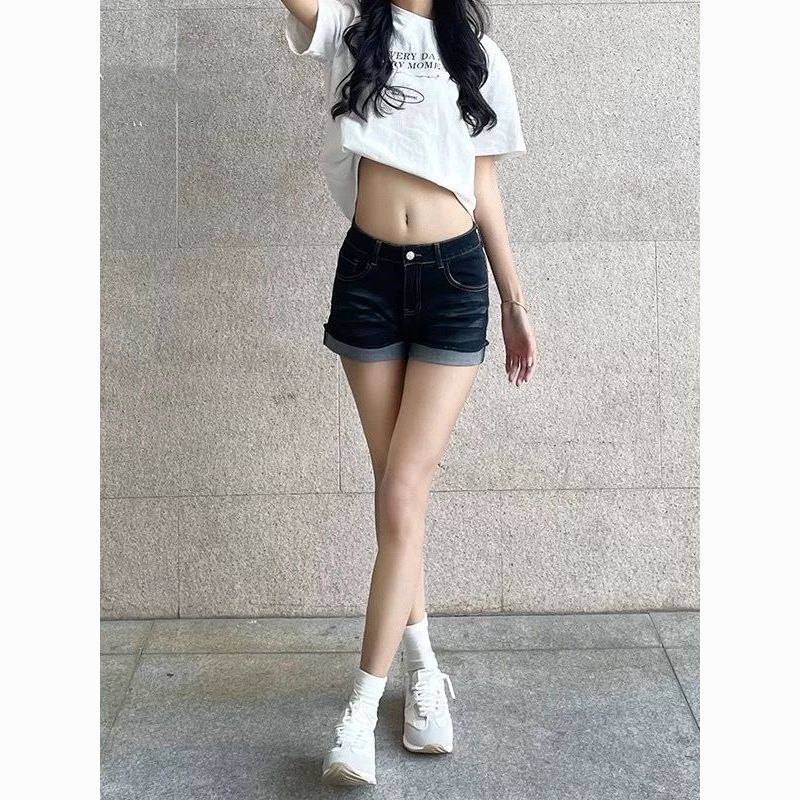 翻邊美式復古牛仔短褲2026夏季辣妹顯瘦深藍彈力百搭緊身外穿熱褲
