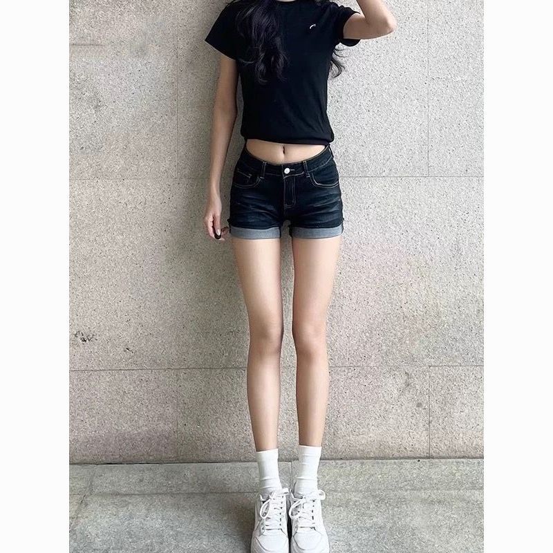 翻邊美式復古牛仔短褲2026夏季辣妹顯瘦深藍彈力百搭緊身外穿熱褲
