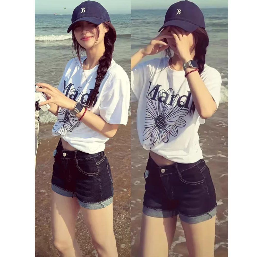 夏季短褲超短褲美式辣妹翻邊高腰顯瘦深藍色彈力緊身牛仔熱褲褲子