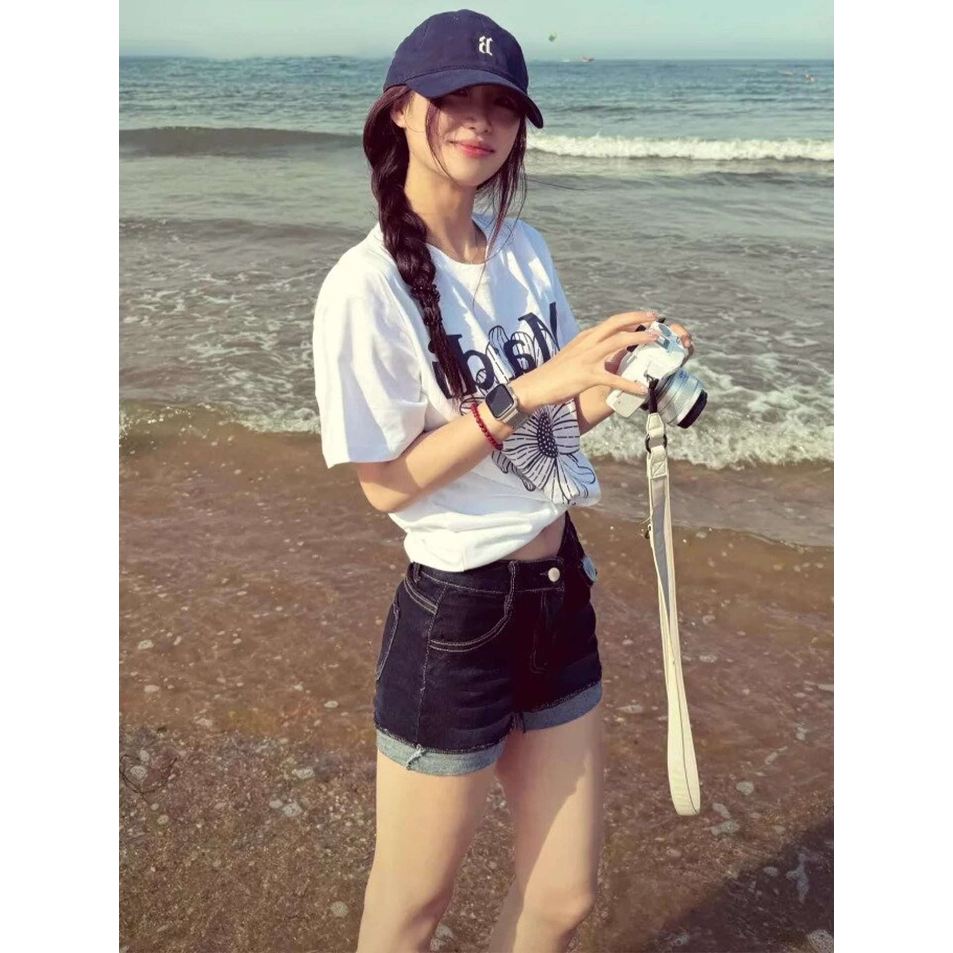 夏季短褲超短褲美式辣妹翻邊高腰顯瘦深藍色彈力緊身牛仔熱褲褲子