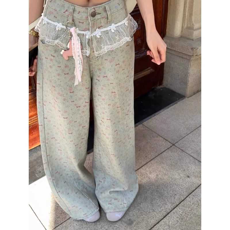 設計感蕾絲花邊拼接牛仔褲女春季復古水洗碎花高腰闊腿拖地直筒褲