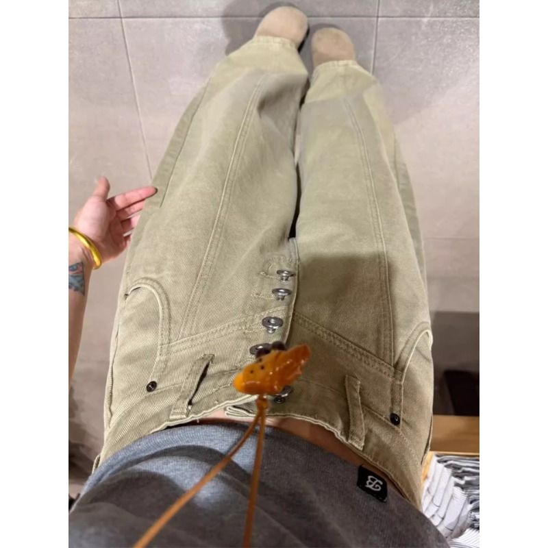 復古卡其色褶皺工裝牛仔闊腿褲女夏季氣質小個子垂感顯瘦直筒長褲