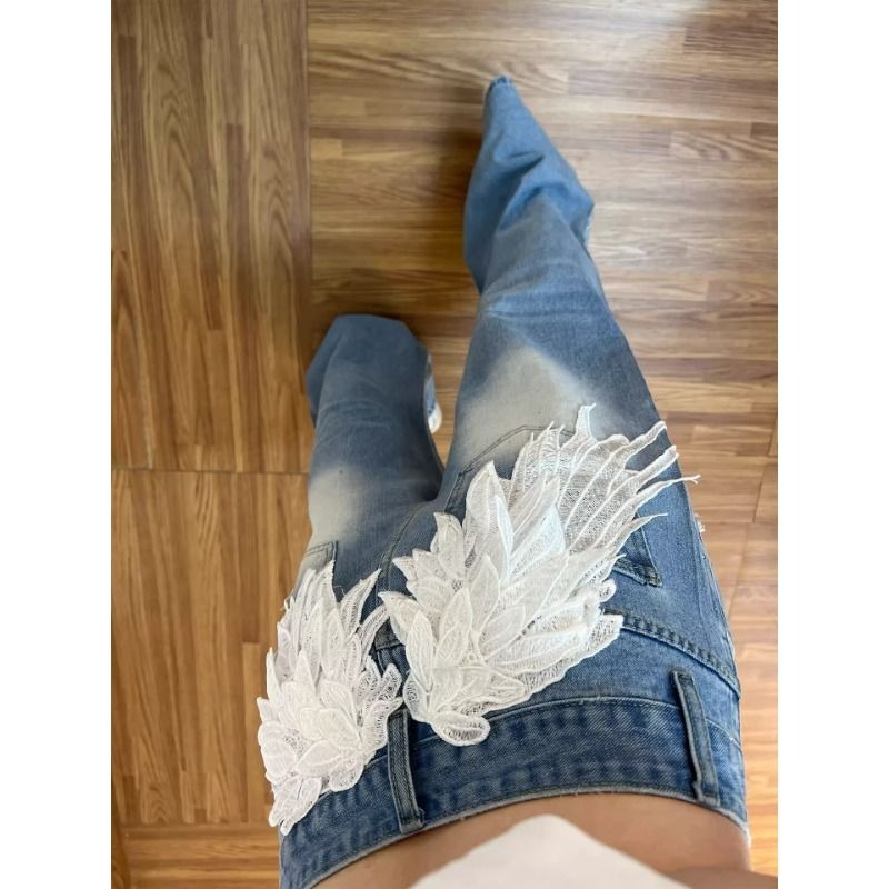 辣妹復古翅膀刺繡牛仔褲女春季做舊水洗破洞寬松燙鉆闊腿拖地長褲