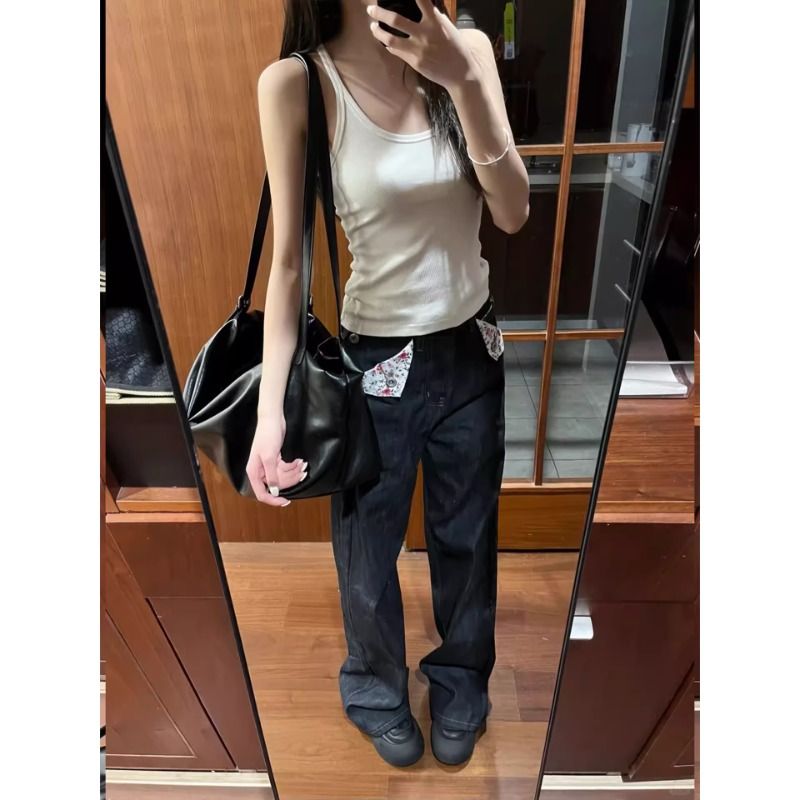 辣妹復古紅邊碎花赤耳牛仔闊腿褲女夏季小個子高腰褶皺直筒長褲子