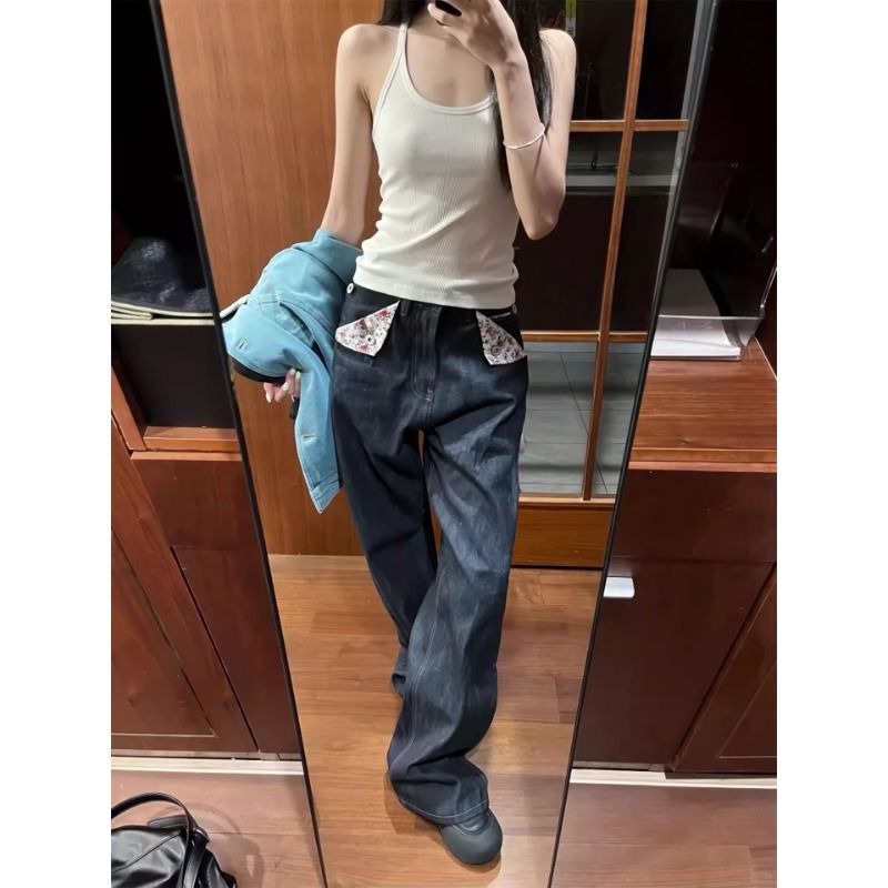 辣妹復古紅邊碎花赤耳牛仔闊腿褲女夏季小個子高腰褶皺直筒長褲子