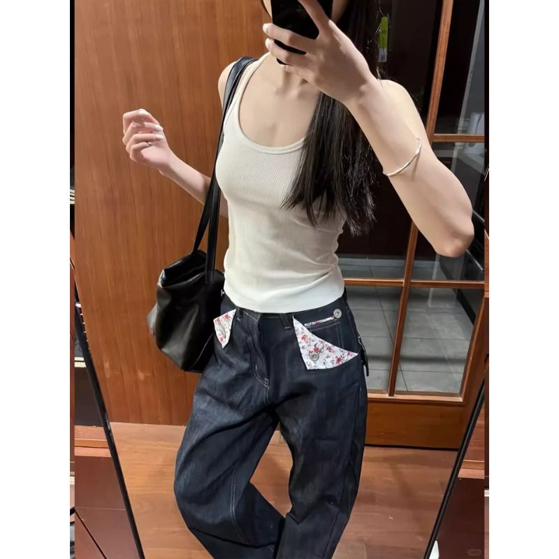 辣妹復古紅邊碎花赤耳牛仔闊腿褲女夏季小個子高腰褶皺直筒長褲子