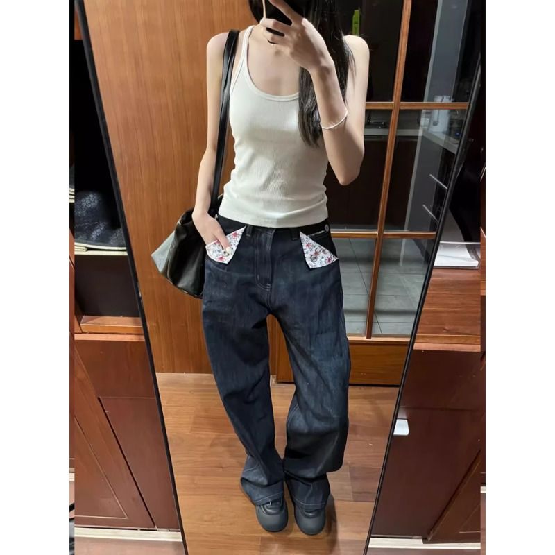 辣妹復古紅邊碎花赤耳牛仔闊腿褲女夏季小個子高腰褶皺直筒長褲子