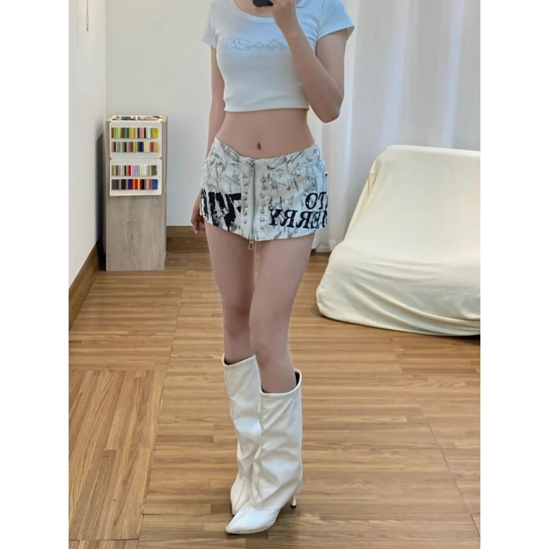 y2k辣妹鉚釘拉鏈涂鴉短裙褲女夏季低腰顯瘦百搭a字性感包臀熱裙褲