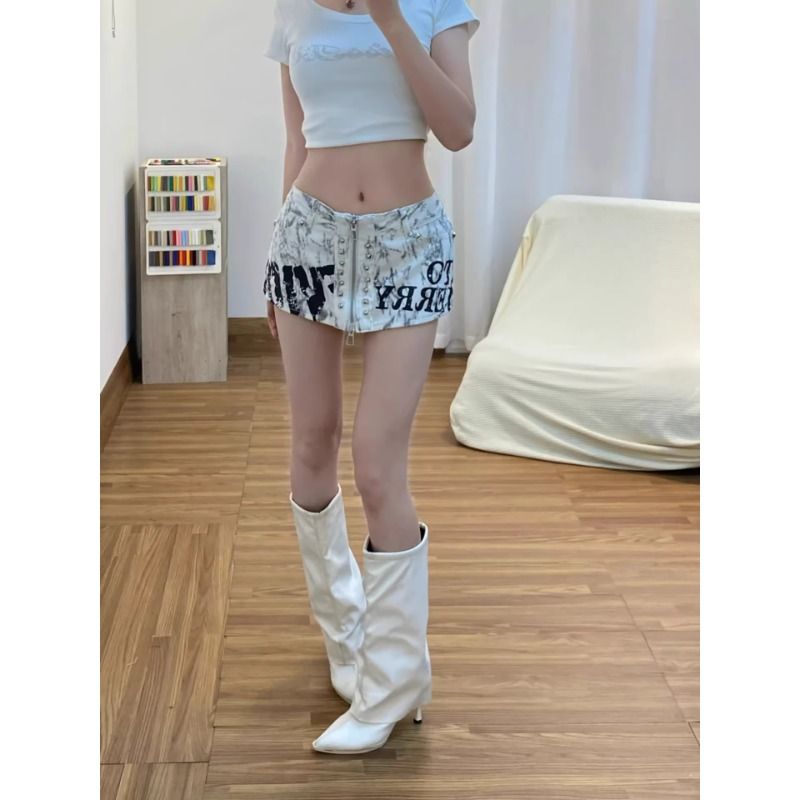 y2k辣妹鉚釘拉鏈涂鴉短裙褲女夏季低腰顯瘦百搭a字性感包臀熱裙褲