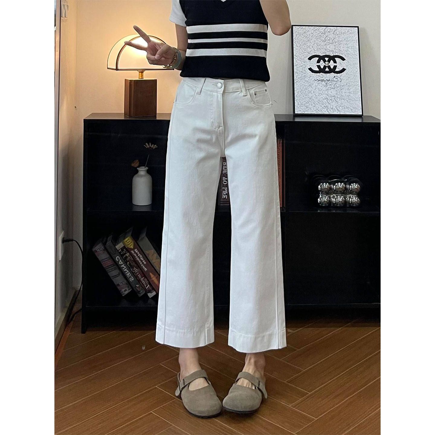 白色九分直筒牛仔褲女2026新款春季小個子大碼胖mm顯瘦闊腿煙管褲