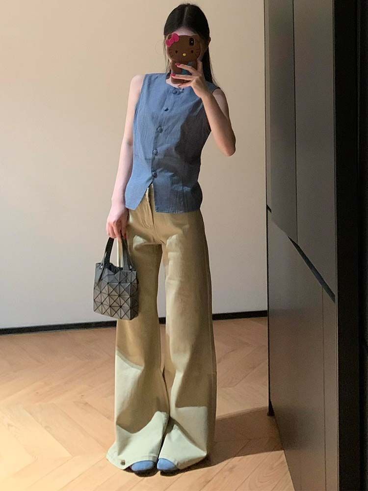 百搭通勤不貼腿微喇叭長褲美式辣妹水洗卡其色中低腰微喇牛仔褲女
