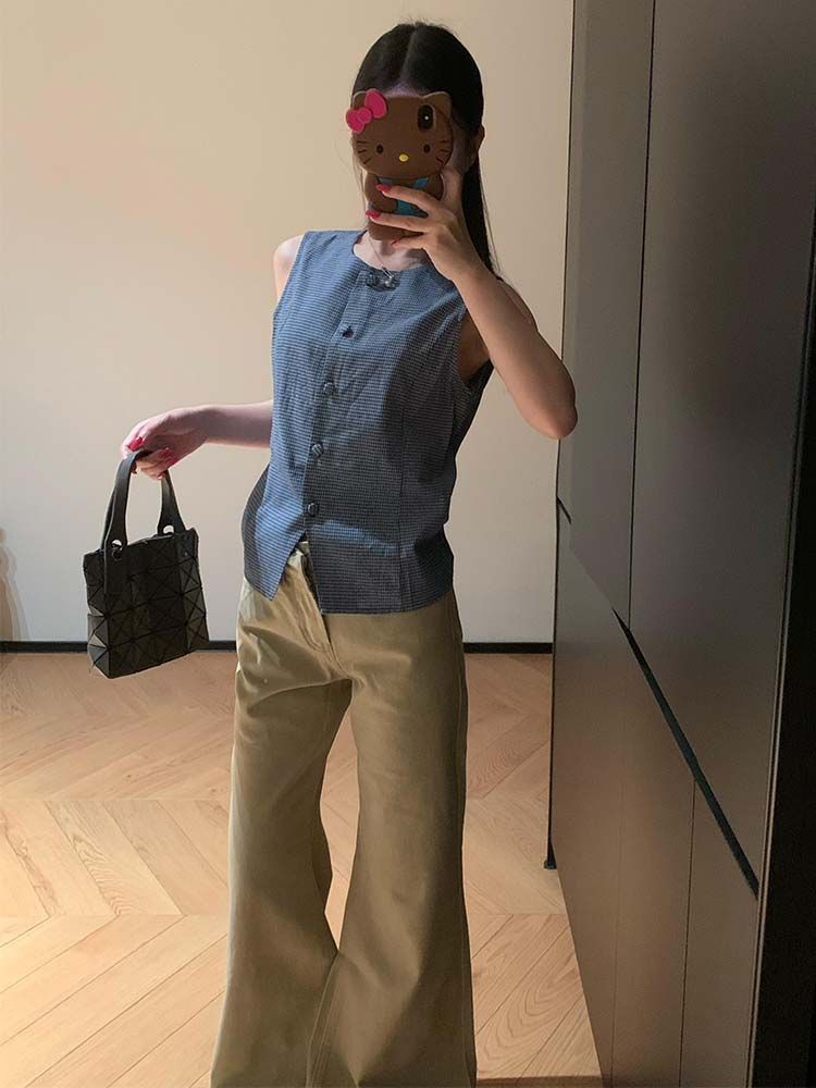 百搭通勤不貼腿微喇叭長褲美式辣妹水洗卡其色中低腰微喇牛仔褲女