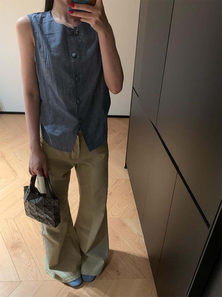 百搭通勤不貼腿微喇叭長褲美式辣妹水洗卡其色中低腰微喇牛仔褲女