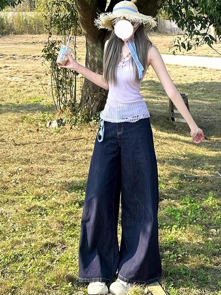求職季牛仔褲女春夏季2026新款時尚高腰寬松顯瘦百搭闊腿拖地褲