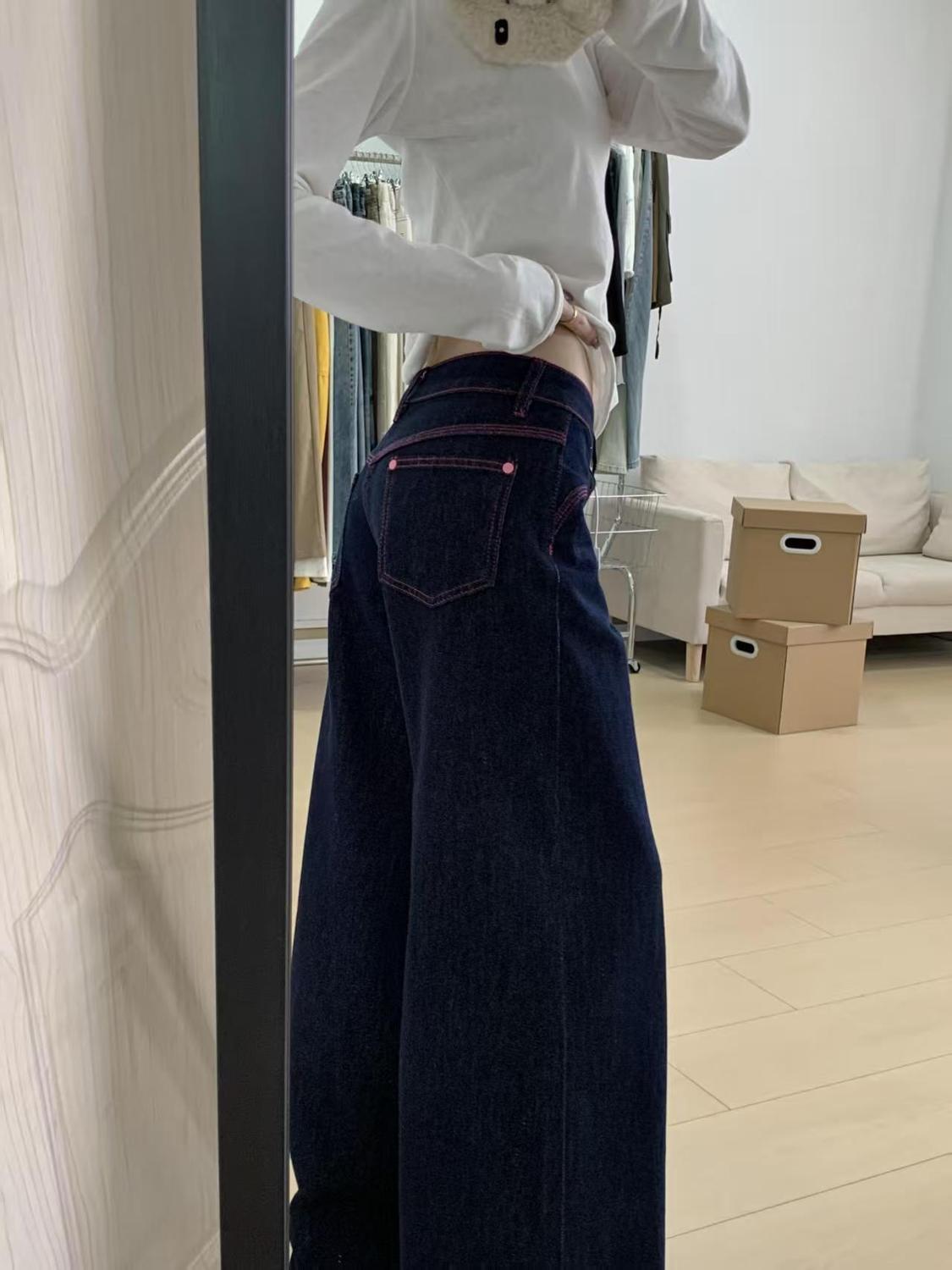 小個子原牛色辣妹復古設計感撞色牛仔褲女寬松顯瘦百搭闊腿褲ins