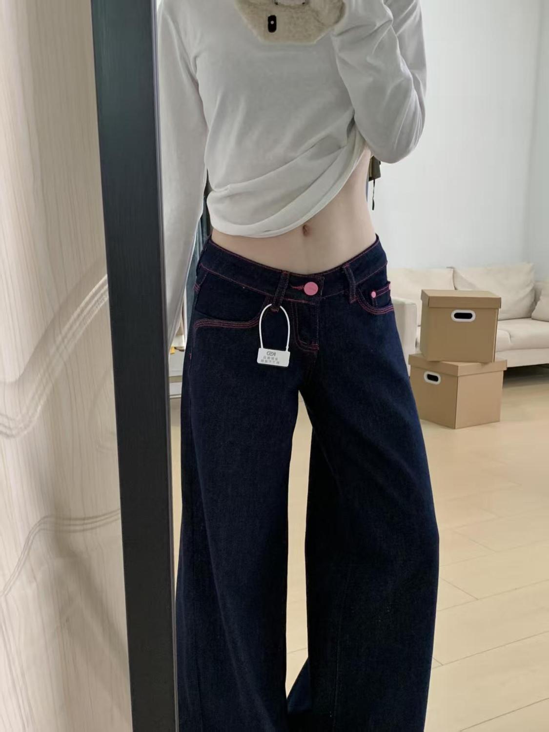 小個子原牛色辣妹復古設計感撞色牛仔褲女寬松顯瘦百搭闊腿褲ins