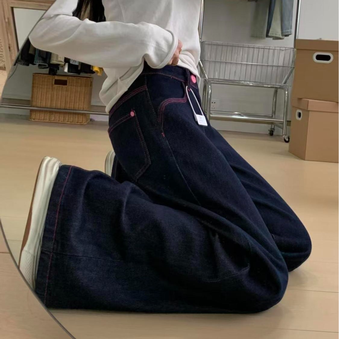小個子原牛色辣妹復古設計感撞色牛仔褲女寬松顯瘦百搭闊腿褲ins