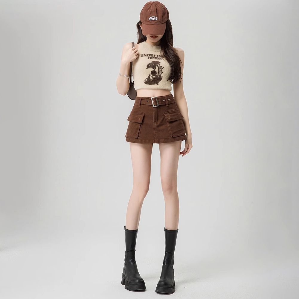 咖啡色美式辣妹牛仔工裝短褲女2026夏新款高腰大口袋A字包臀裙褲