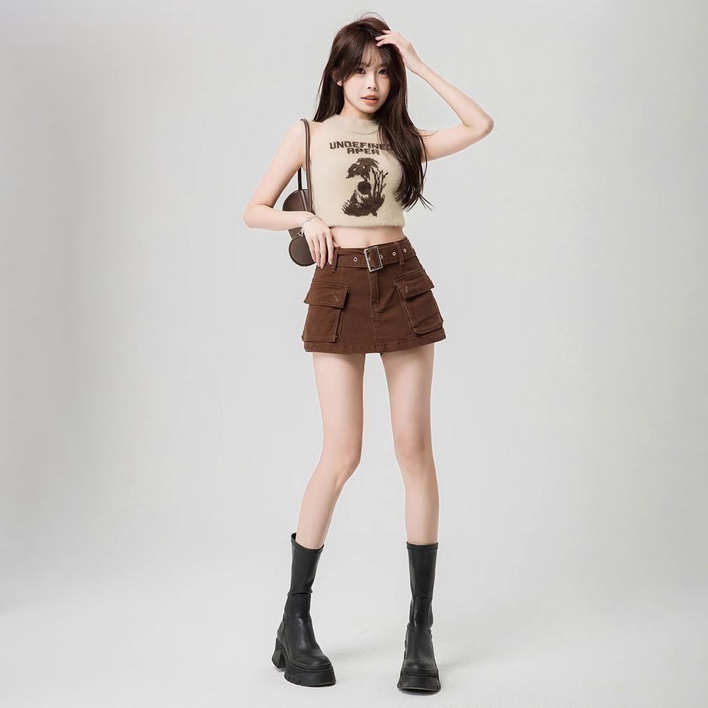 咖啡色美式辣妹牛仔工裝短褲女2026夏新款高腰大口袋A字包臀裙褲