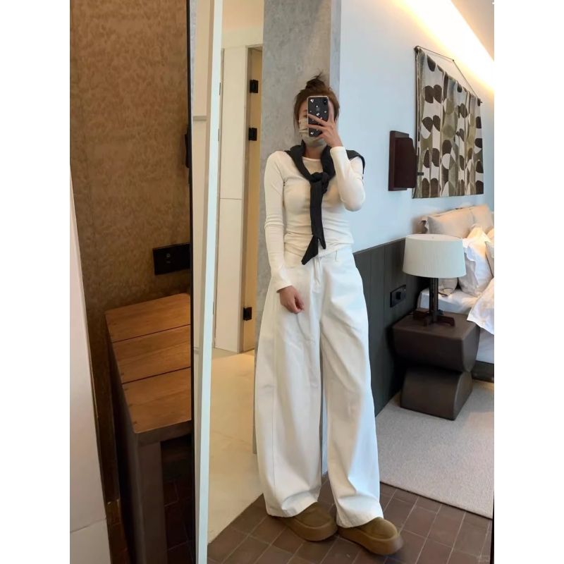 白色闊腿彎刀牛仔褲女2026春季設計感小個子寬松顯瘦寬松直筒長褲