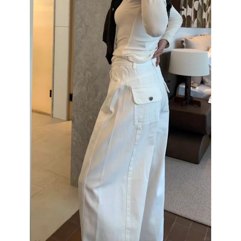 白色闊腿彎刀牛仔褲女2026春季設計感小個子寬松顯瘦寬松直筒長褲