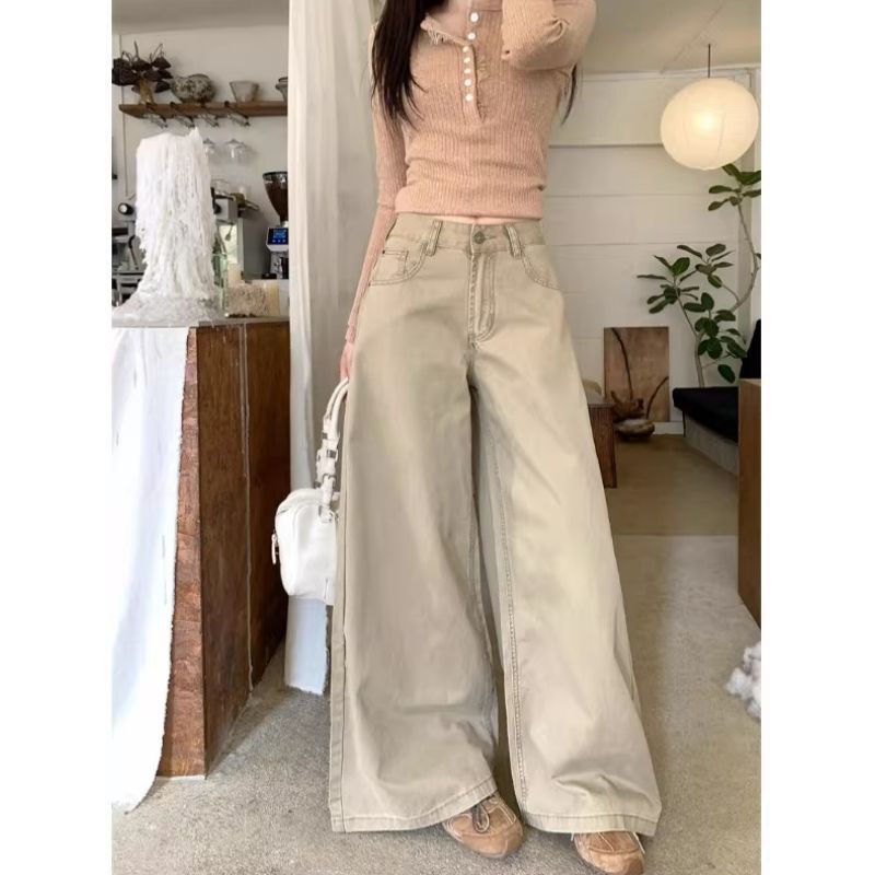 美式復古卡其色高腰闊腿牛仔褲女2026新款顯瘦寬松闊直筒拖地長褲