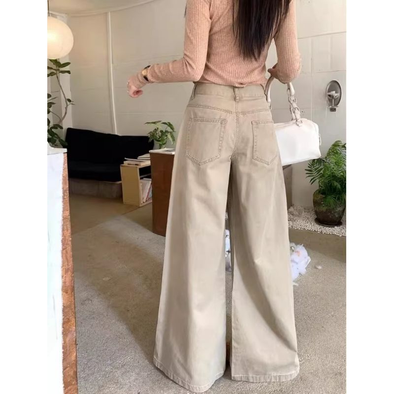 美式復古卡其色高腰闊腿牛仔褲女2026新款顯瘦寬松闊直筒拖地長褲
