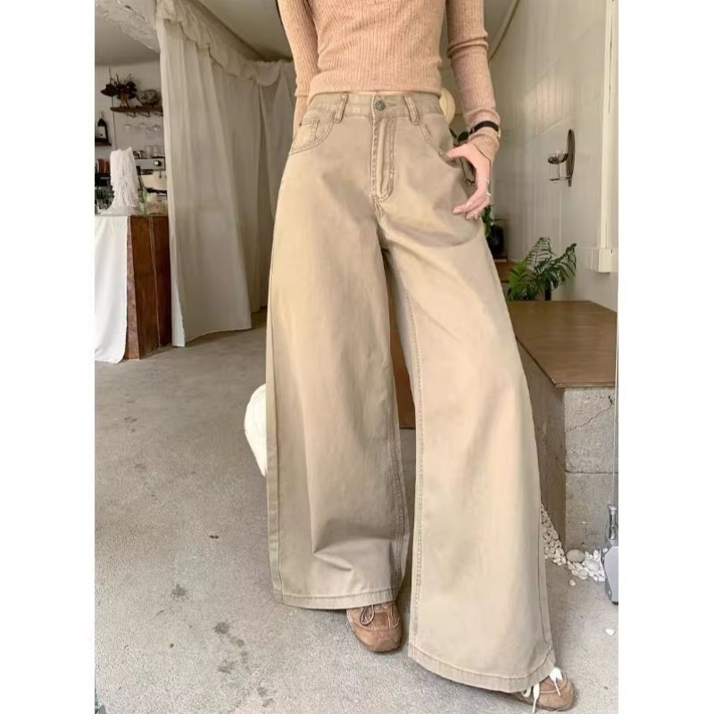 美式復古卡其色高腰闊腿牛仔褲女2026新款顯瘦寬松闊直筒拖地長褲