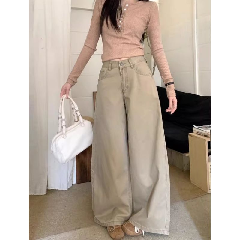 美式復古卡其色高腰闊腿牛仔褲女2026新款顯瘦寬松闊直筒拖地長褲