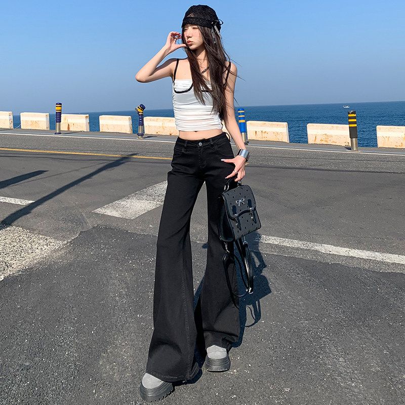 美式高腰辣妹微喇牛仔褲女春夏新款修身顯瘦百搭拖地喇叭長褲子潮