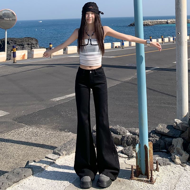 美式高腰辣妹微喇牛仔褲女春夏新款修身顯瘦百搭拖地喇叭長褲子潮
