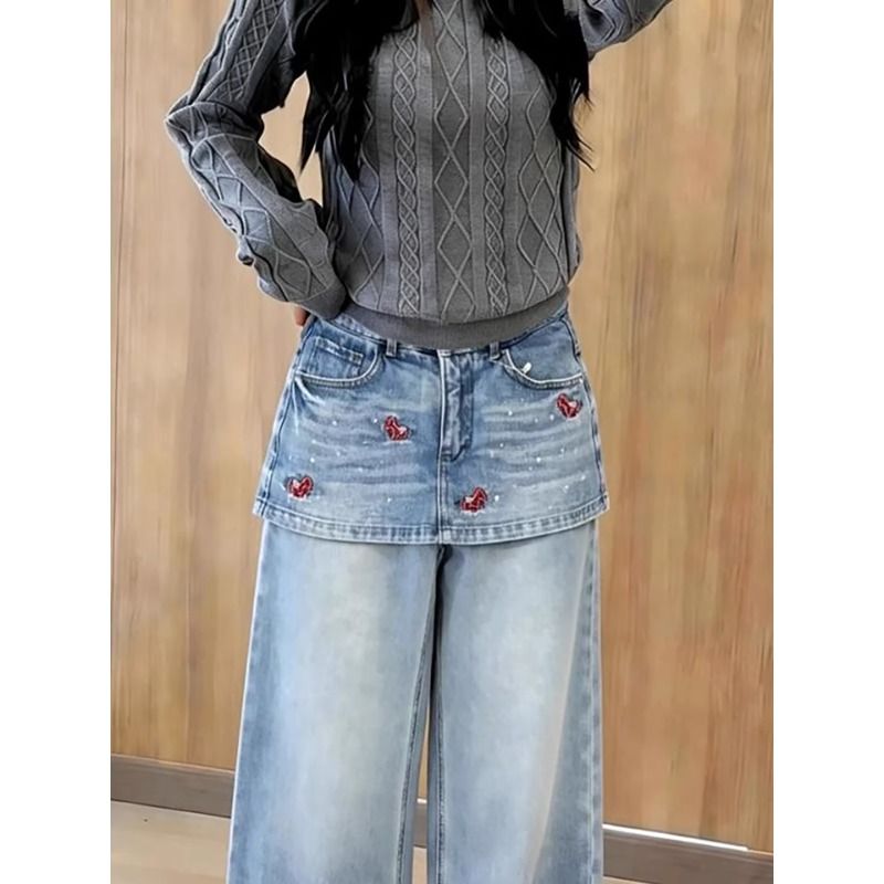 重工燙鉆小馬刺繡假兩件牛仔褲女春季復古水洗藍色寬松高腰闊腿褲