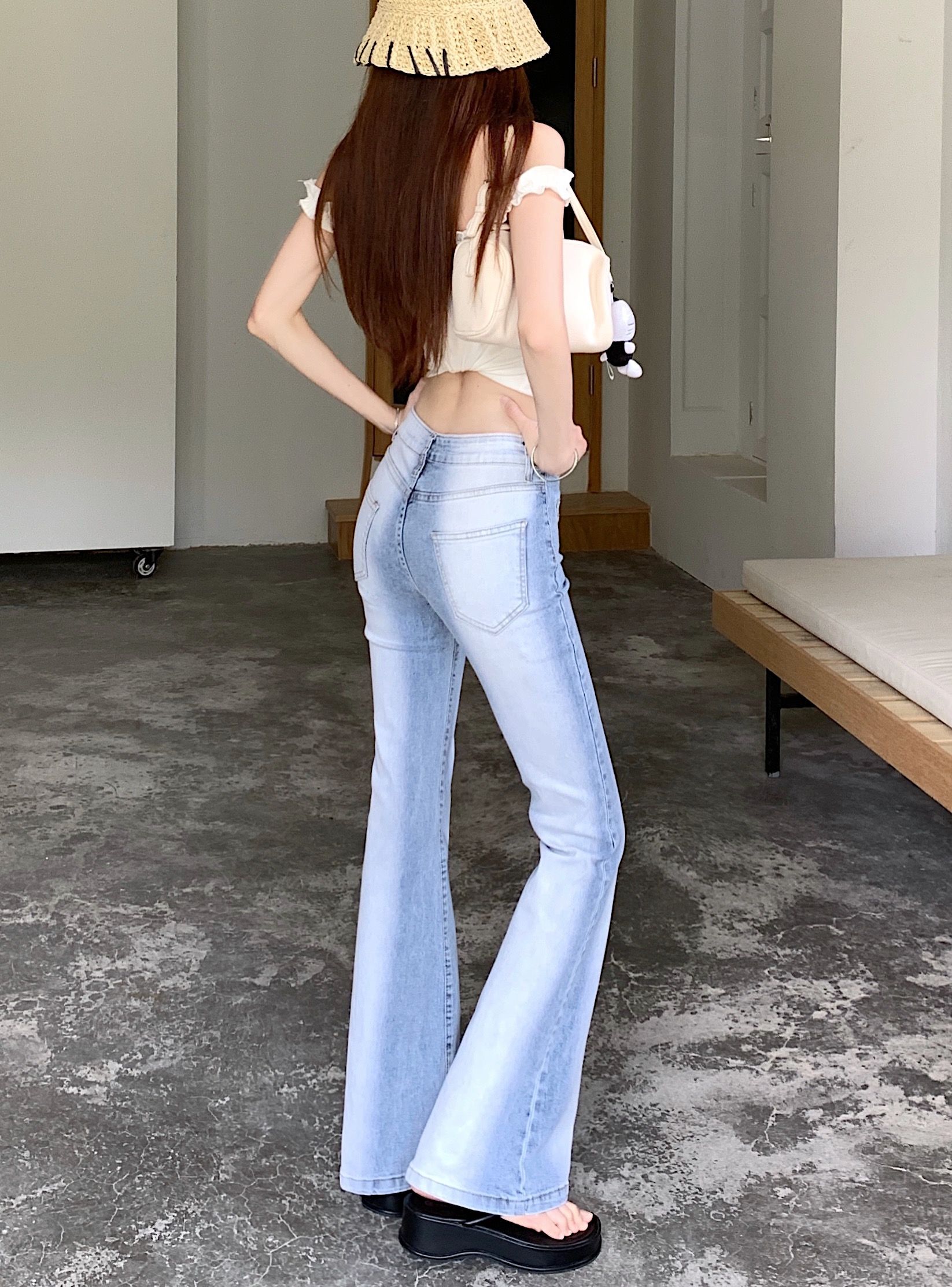 實拍~美式復古小個子水洗辣妹低腰微喇褲女彈力修身顯瘦喇叭長褲