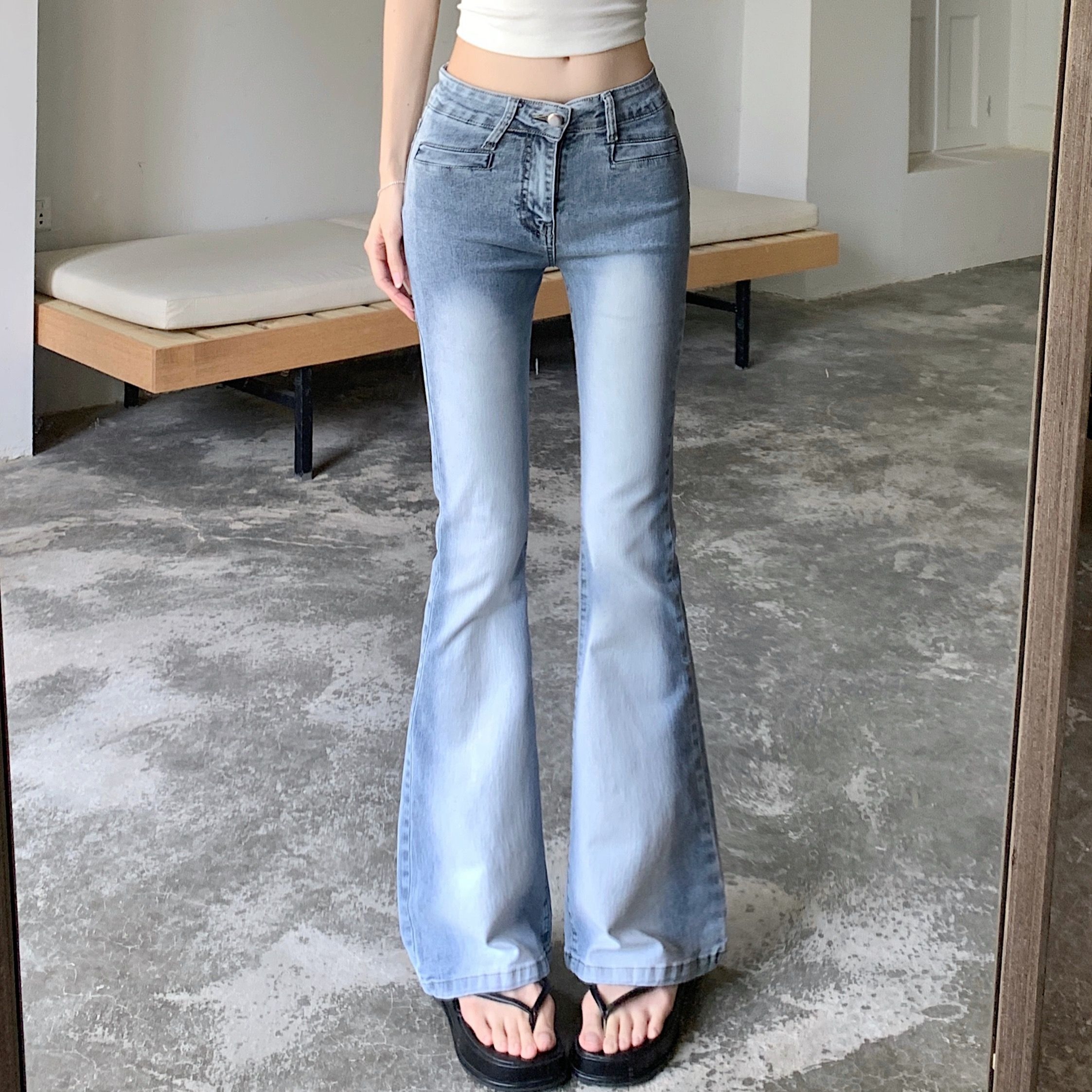 實拍~美式復古小個子水洗辣妹低腰微喇褲女彈力修身顯瘦喇叭長褲