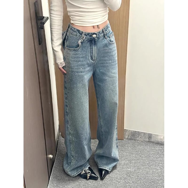 美式復古可拆卸蝴蝶結設計牛仔褲子女春夏新款辣妹燙鉆拼接拖地褲