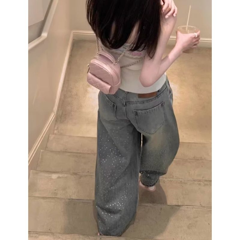 韓國復古設計感小眾燙鉆牛仔褲女2026高街辣妹高腰寬松直筒闊腿褲