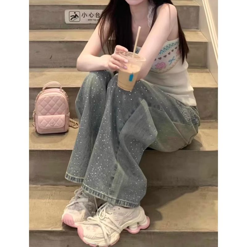 韓國復古設計感小眾燙鉆牛仔褲女2026高街辣妹高腰寬松直筒闊腿褲
