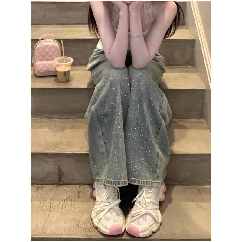 韓國復古設計感小眾燙鉆牛仔褲女2026高街辣妹高腰寬松直筒闊腿褲