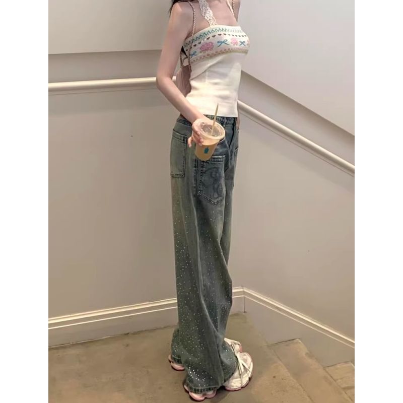 韓國復古設計感小眾燙鉆牛仔褲女2026高街辣妹高腰寬松直筒闊腿褲