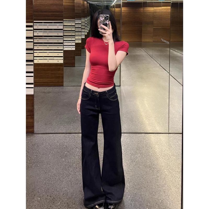 美式復古設計感小眾燙鉆牛仔褲女2026高街辣妹高腰寬松直筒闊腿褲