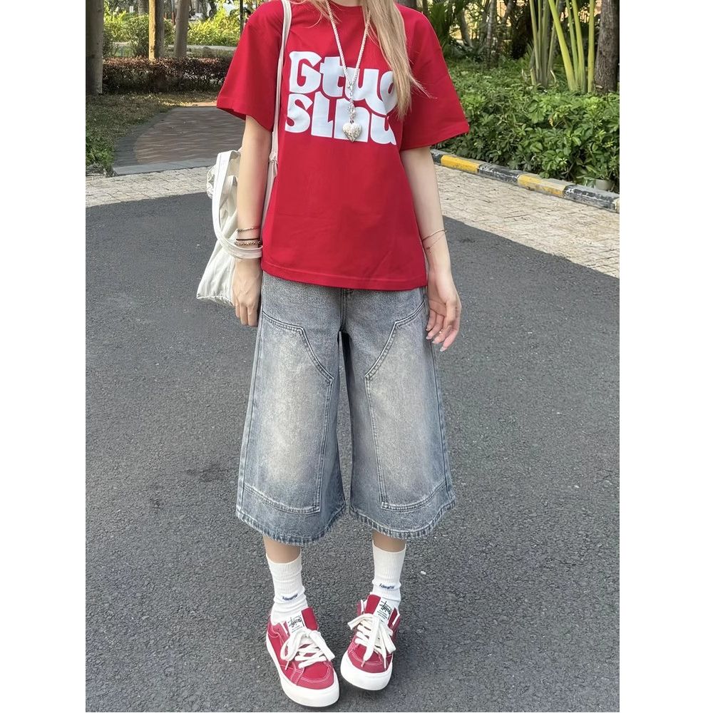 美式做舊七分牛仔短褲女夏季新款高腰寬松闊腿顯瘦7分直筒中褲
