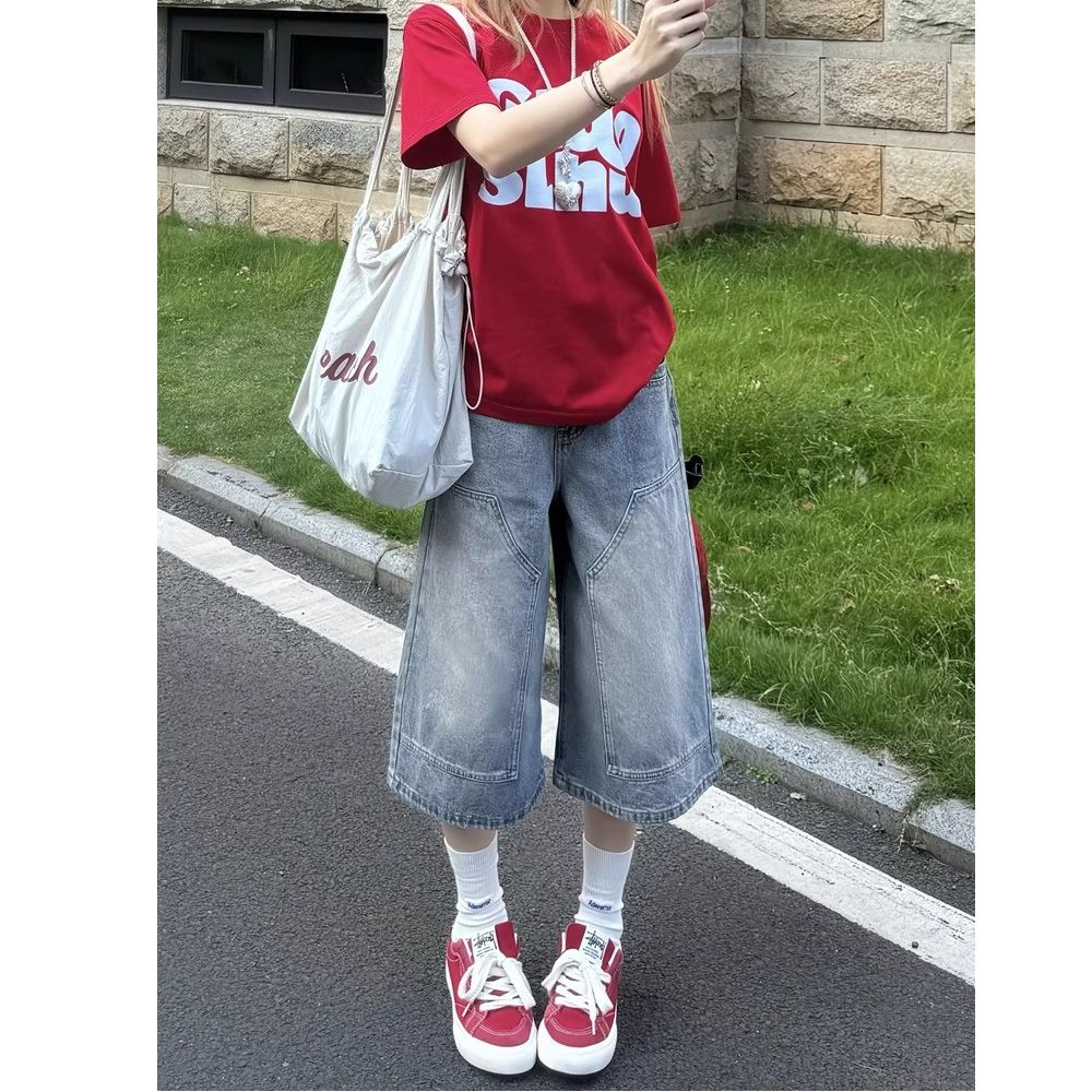 美式做舊七分牛仔短褲女夏季新款高腰寬松闊腿顯瘦7分直筒中褲