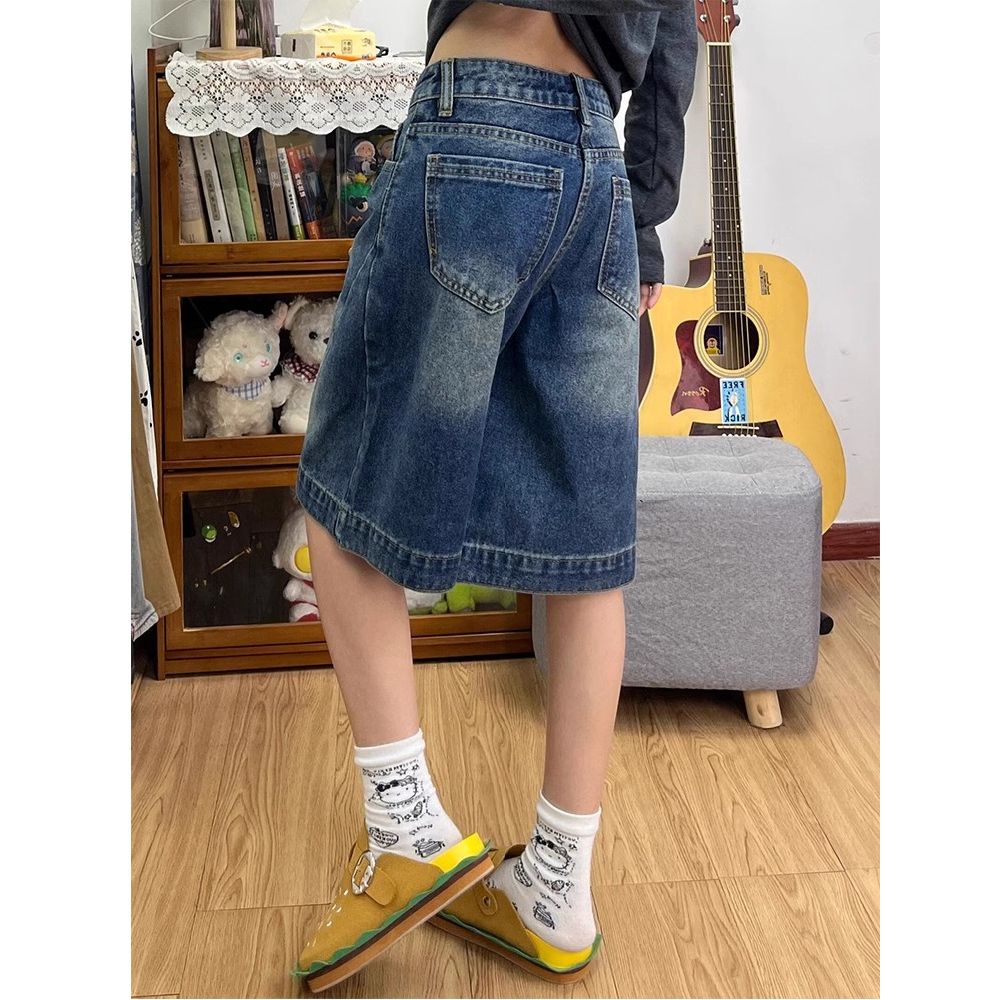 復古藍闊腿五分牛仔短褲女夏季新款設計感高腰寬松顯瘦直筒中褲