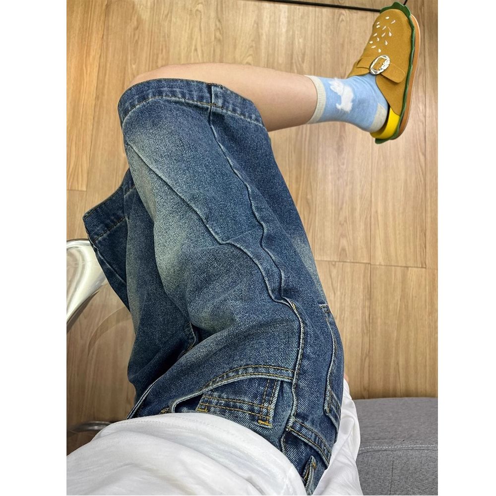 復古藍闊腿五分牛仔短褲女夏季新款設計感高腰寬松顯瘦直筒中褲