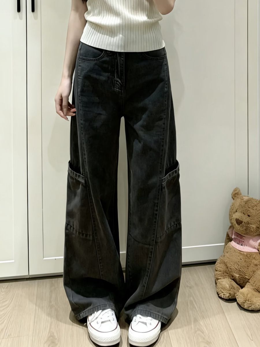 美式黑色闊腿牛仔工裝褲女2026夏季高腰寬松顯瘦垂感百搭直筒褲子