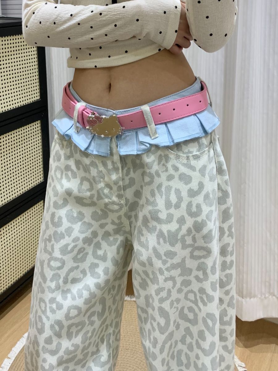 辣妹豹紋拼接個性牛仔褲女2026夏寬松闊腿褲裙擺設計松弛感拖地褲